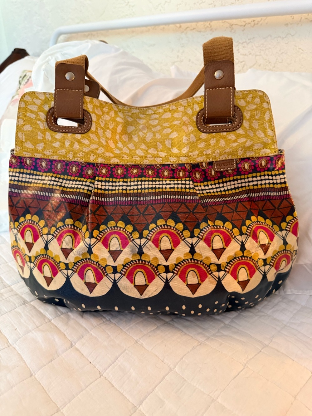 Fossil Tote Bag Multicolor Geometric Floral PVC Coated Textile Boho Maximalist